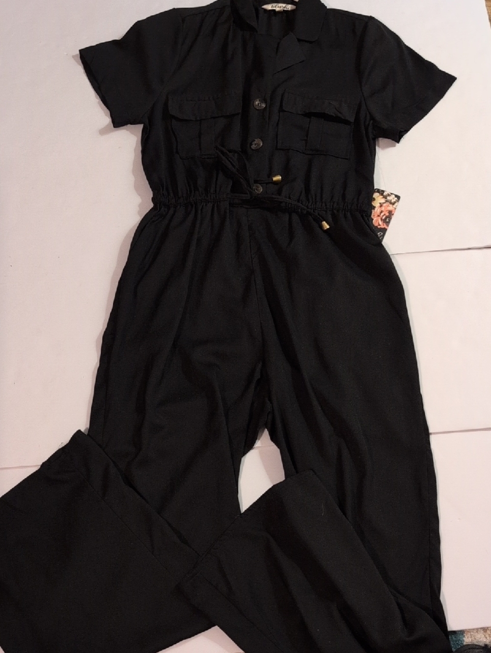 Hint Of Blush Ladies Large Button Up Wide Leg Elegant Black Jumpsuit